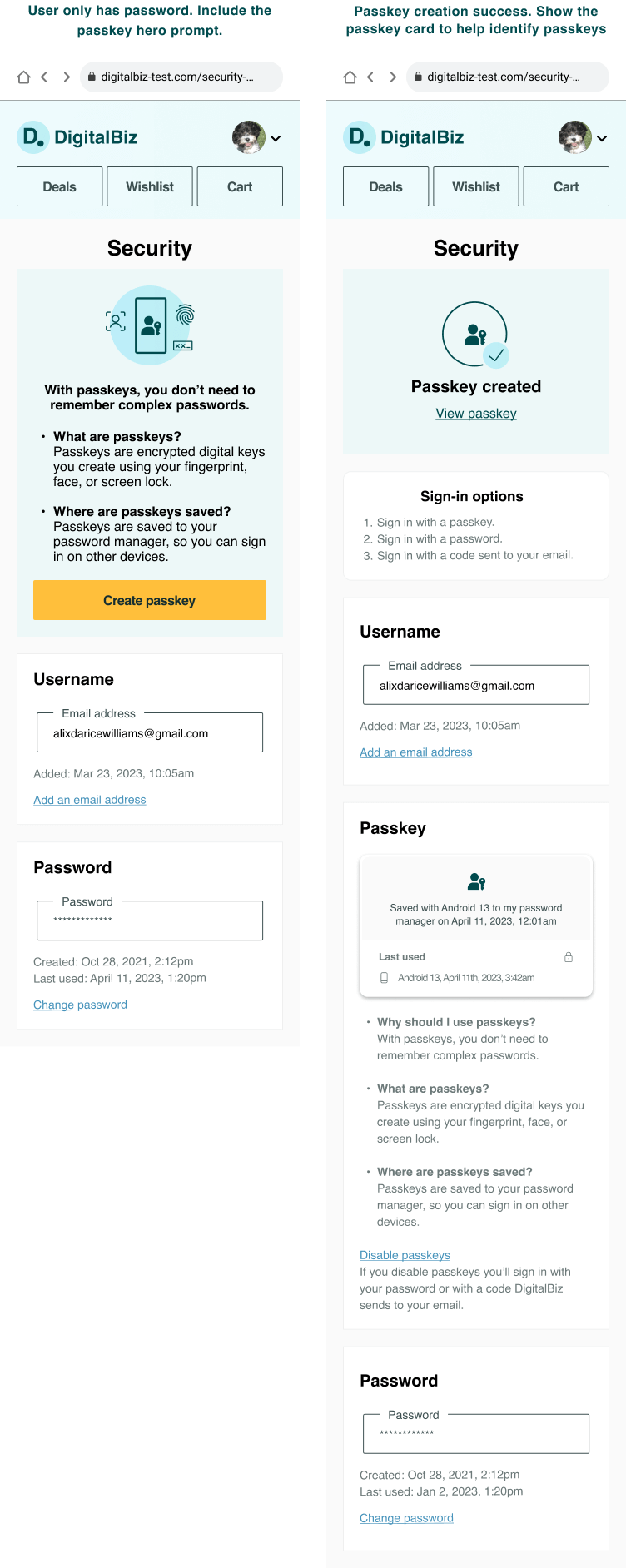 Screenshots of Account Settings with and without passkeys.